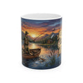 Keramik-Tasse mit Angler-Motiv – Sonnenuntergang am See mit Blockhütte (325 ml / 440 ml)