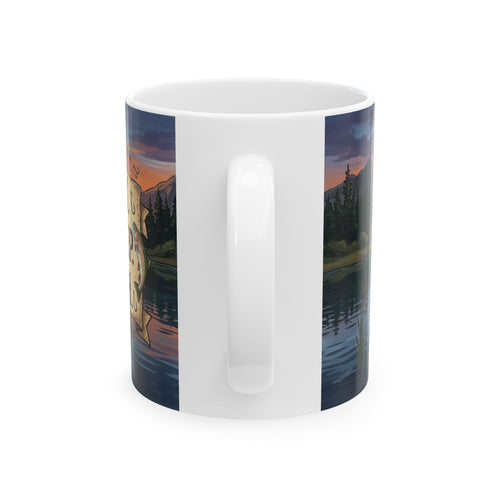 Keramik-Tasse mit Angler-Motiv – Sonnenuntergang am See mit Blockhütte (325 ml / 440 ml)