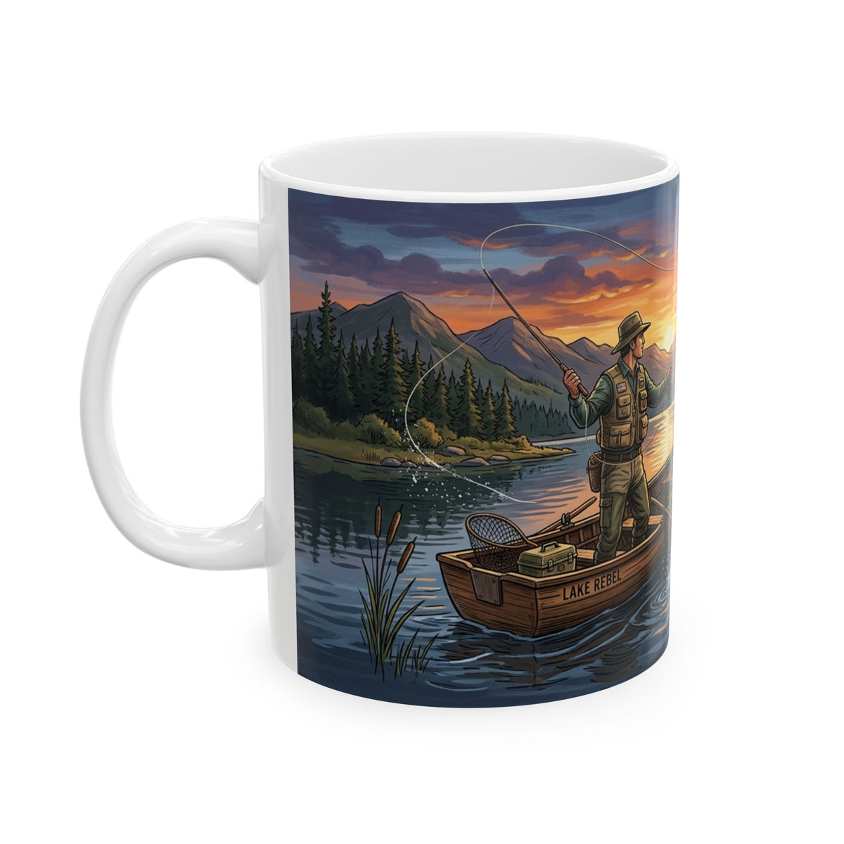 Keramik-Tasse mit Angler-Motiv – Sonnenuntergang am See mit Blockhütte (325 ml / 440 ml)