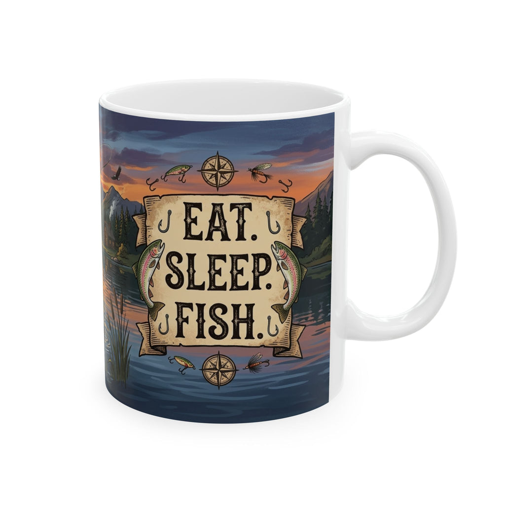 Keramik-Tasse mit Angler-Motiv – Sonnenuntergang am See mit Blockhütte (325 ml / 440 ml)