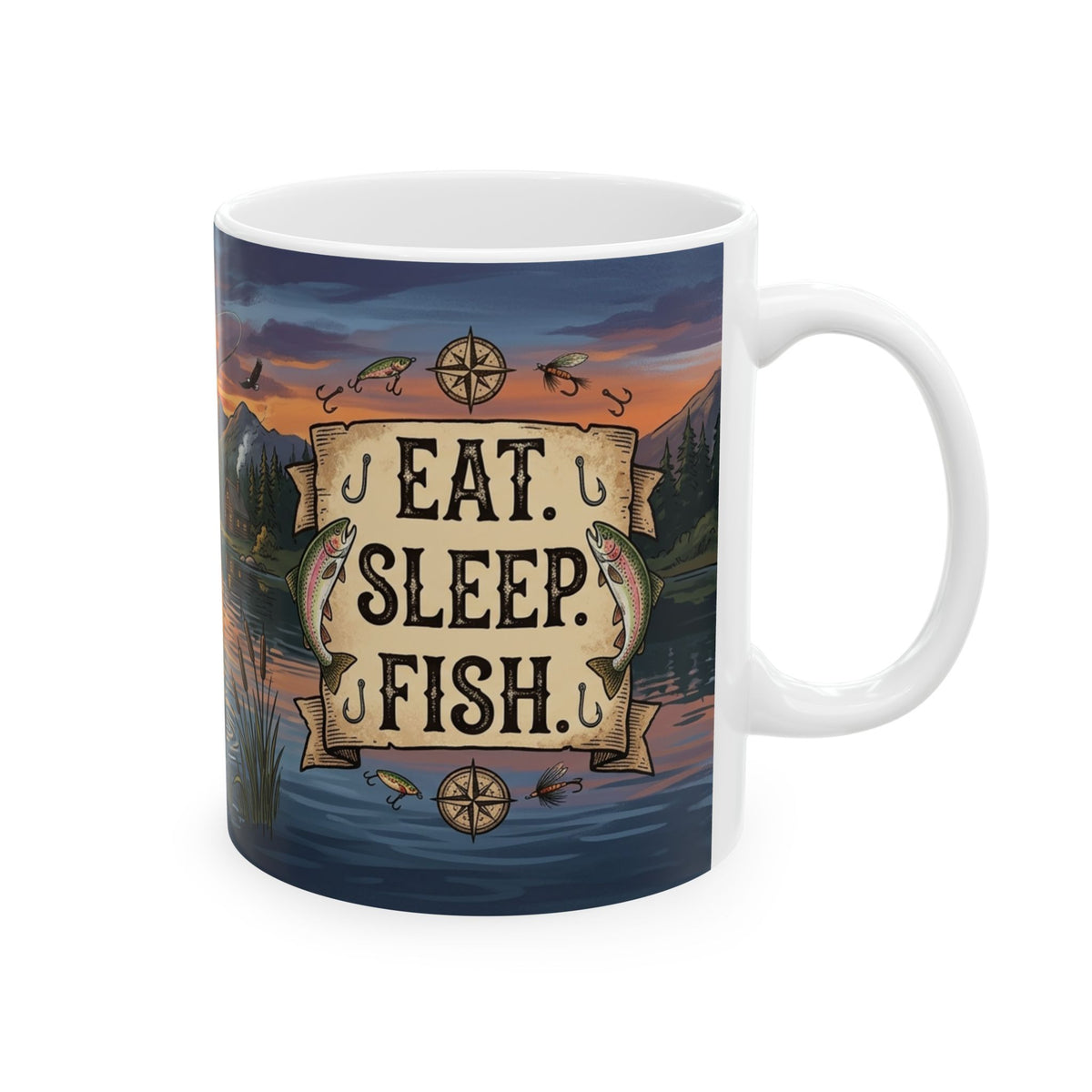 Keramik-Tasse mit Angler-Motiv – Sonnenuntergang am See mit Blockhütte (325 ml / 440 ml)